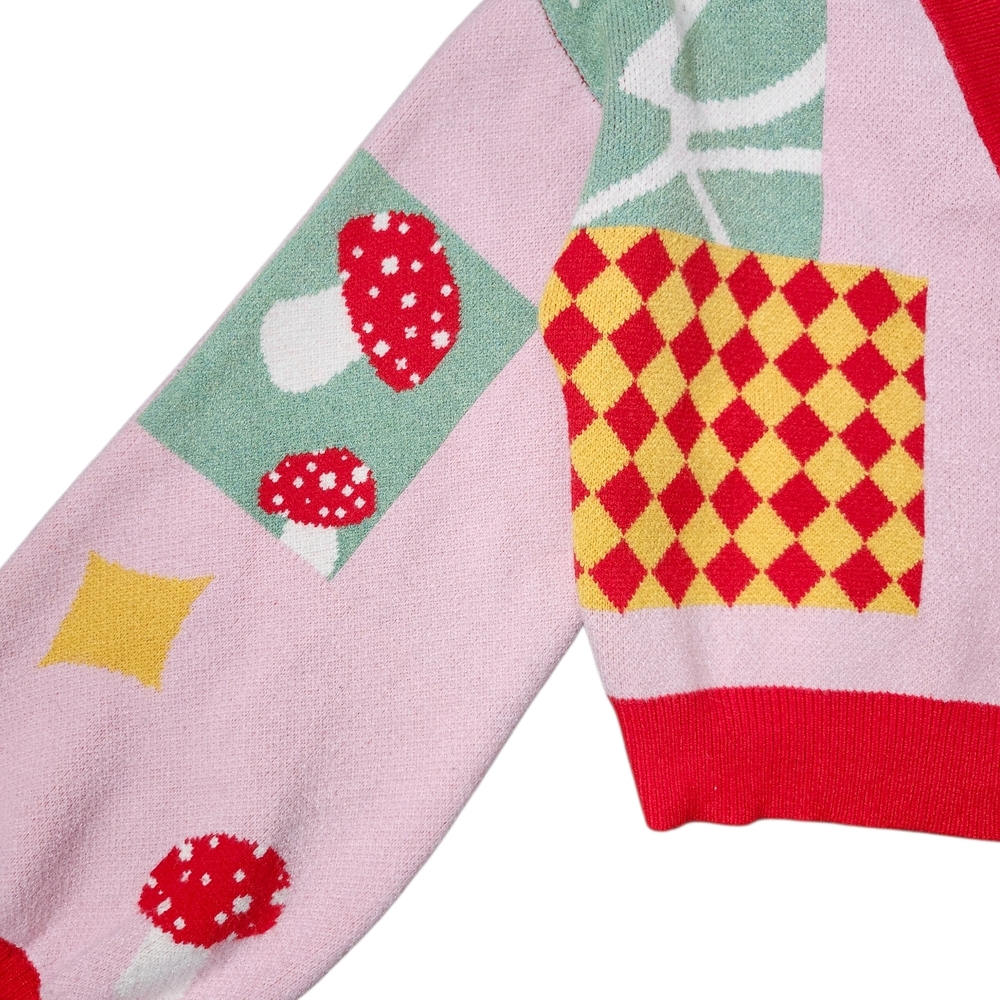 Cider Pink Red Multicolor Mushroom Patchwork Cardigan - Picture 4 of 6